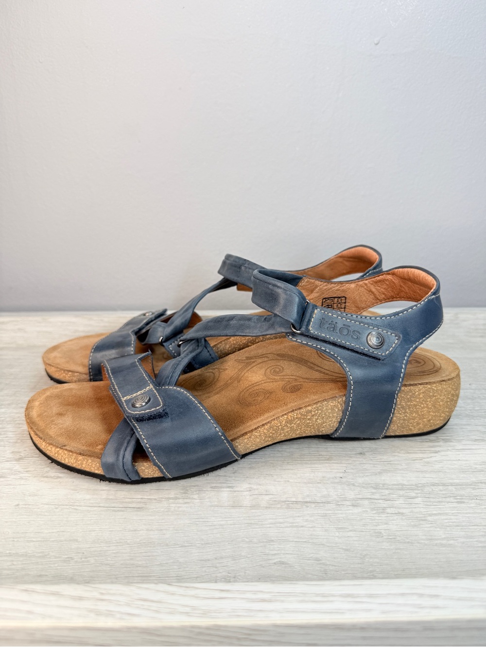 Taos Footwear Blue Leather Strappy Wedge Sandals - Picture 14 of 14